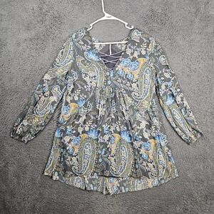 Free People Paisley Floral Lace Up Boho Peasant Blouse Gray Blue Small
